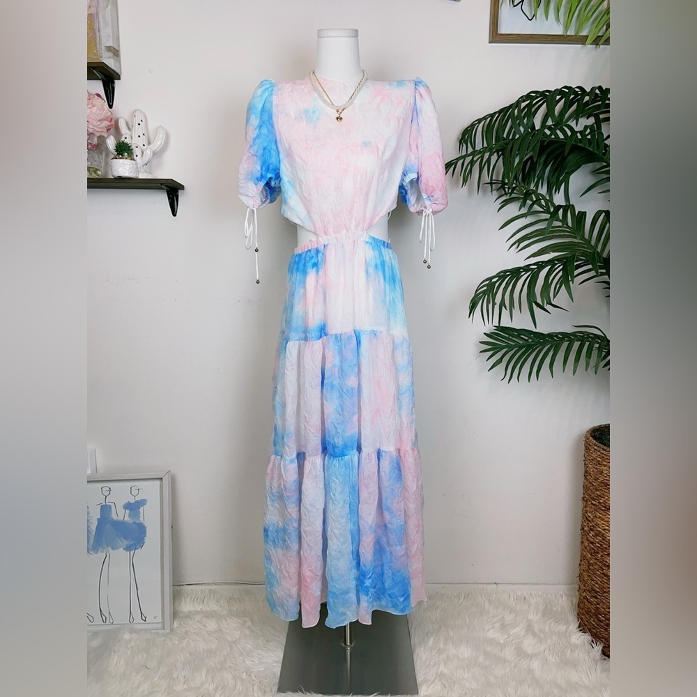 Elliatt Reflection Color Dye Laced Up Open Back Midi Dress Pink Blue Multi - Picture 2 of 10